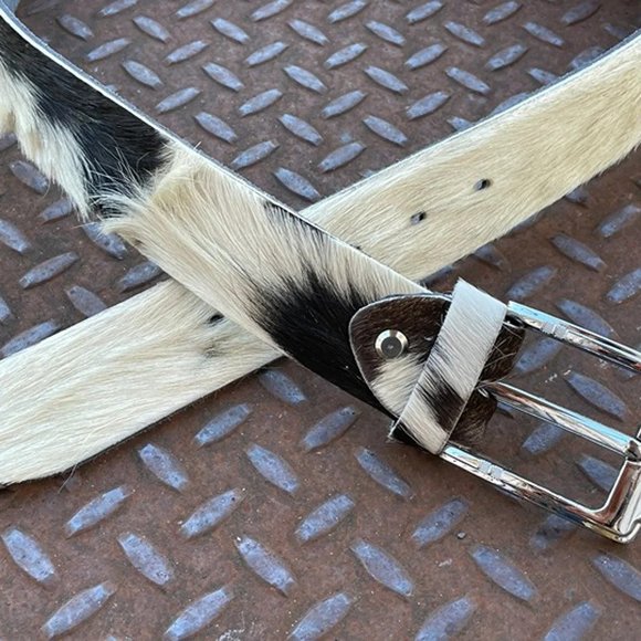 Real Fur Belt WhiteBlack Tone Genuine Leather Waistband Handmade Belt Size 38 - Picture 7 of 7